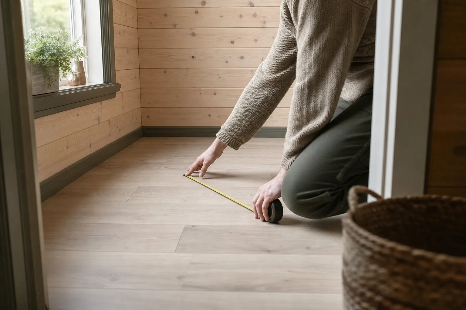 Händer som mäter fri golvyta med måttband.