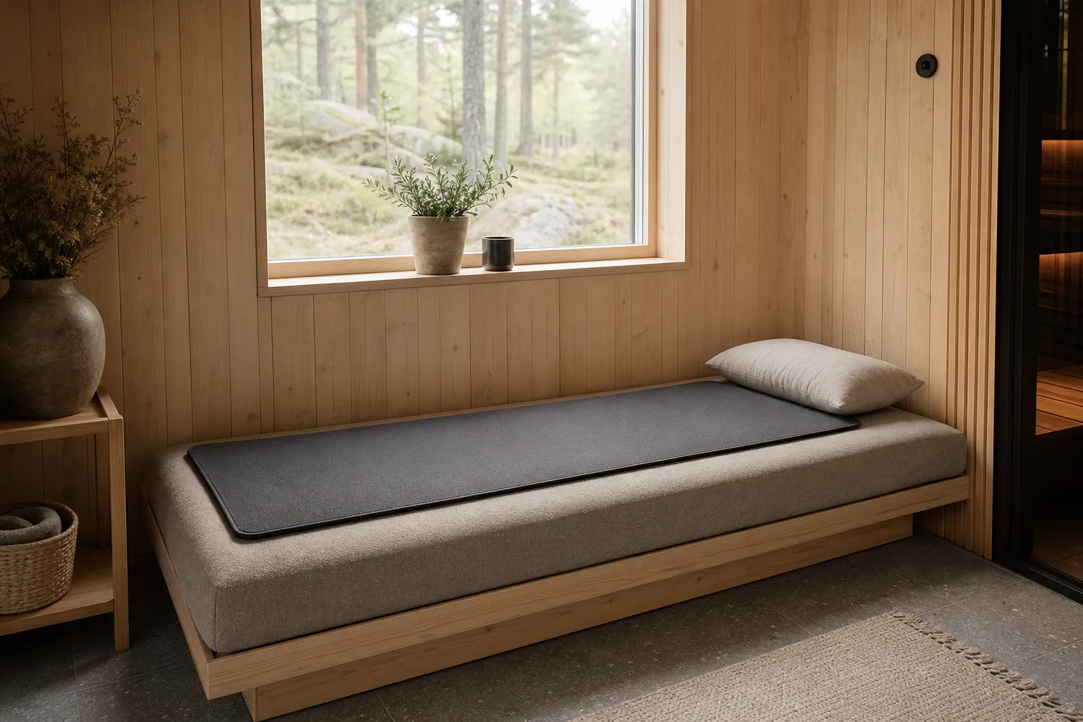 Utlagd mörk matta och kudde på en låg divan.